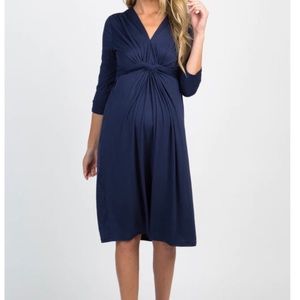 Navy Blue Twist 3/4 Sleeve Baby Shower Maternity Dress
